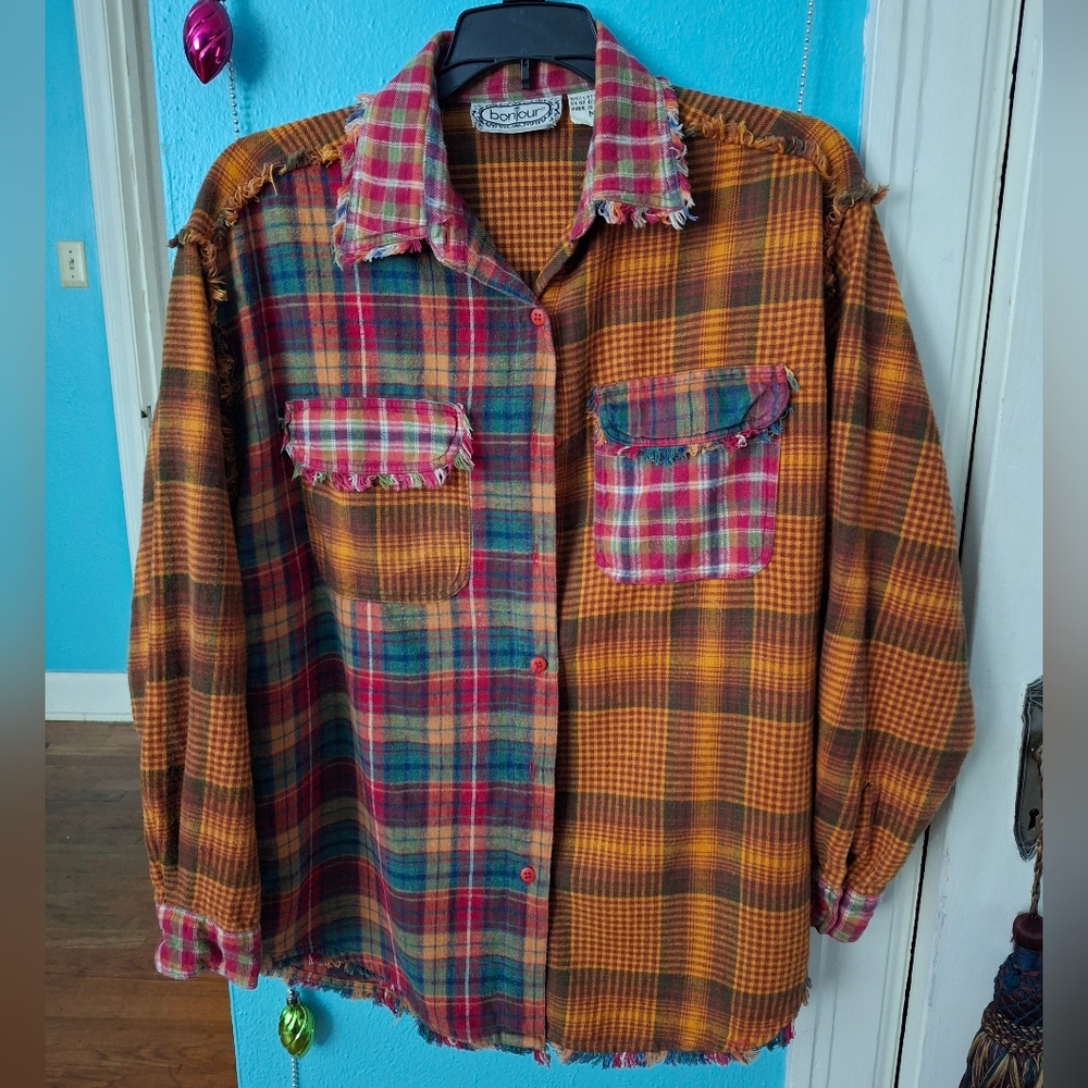 Y2K BONJOUR BOHO COTTON DISTRESSED LOOK FLANNEL Country Women's M Shirt